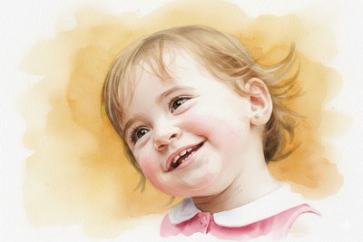 Legyen szemed (és füled) a jóra! Adventi naptár illusztráció: Vízfestmény egy széles mosolyú, boldog kisgyermekről, amely a látott öröm viszonzását szimbolizálja.