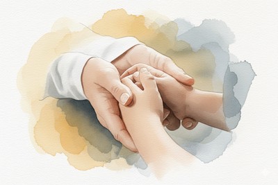 Oszd meg, amid van! Adventi naptár illusztráció: Vízfestmény két egymásba kulcsolódó kézről, amely az adást, a törődést és a tehetségek másokkal való megosztását szimbolizálja.