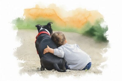 Egyesülj az Atya akaratával! Adventi naptár illusztráció: Vízfestmény egy gyermekről, aki szorosan megölel egy nagy fekete kutyát, jelképezve a feltétlen bizalmat és a teljes egységbe simulást.