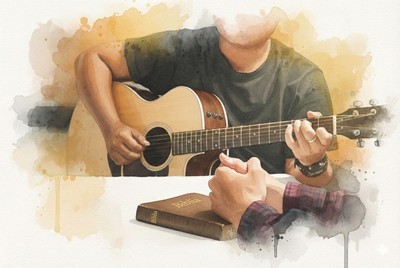 Tegyél meg mindent az üdvösségedért! Adventi naptár illusztráció: Vízfestmény egy fiatal férfiról, aki akusztikus gitáron játszik, miközben előtte egy Biblia és két imádkozó, összekulcsolt kéz látható, jelképezve a lelki gyakorlatok fontosságát az üdvösségért.