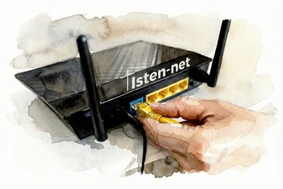 Működj együtt a Gondviseléssel! Adventi naptár illusztráció: Vízfestmény egy fekete routerről, 'Isten-net' felirattal, amelybe egy kéz éppen egy sárga hálózati kábelt csatlakoztat, jelképezve a lelki kapcsolódást és az együttműködést a Gondviseléssel.