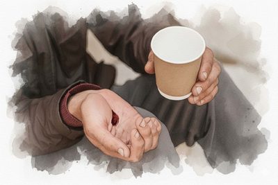 Ismerd fel az Igazságot! Adventi naptár illusztráció: Vízfestmény egy elhanyagolt öltözetű, rászoruló ember kezéről, amint egy poharat tart, tenyerén pedig egy stigmára emlékeztető seb látható, jelképezve Krisztus keresését a szegényekben és minden emberben.