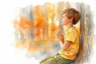 Legyél kitartó a hitben! Adventi naptár illusztráció: Vízfestmény egy fiúról, aki csukott szemmel, imádkozó, összekulcsolt kézzel ül egy fa mellett őszi hangulatú környezetben, jelképezve a feltétel nélküli hitet és a kitartó bizalmat Isten akaratában.