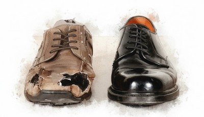 Ne a származásod határozzon meg téged! Adventi naptár illusztráció: Vízfestmény, amelyen egy szakadt, lyukas barna cipő áll kontrasztban egy fényes, fekete, újszerű cipővel, jelképezve a szegénység és gazdagság közötti különbséget és az élethelyzettől független jellem fontosságát.