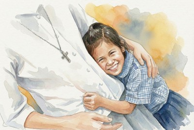 Válj igaz emberré! Adventi naptár illusztráció: Vízfestmény egy boldogan mosolygó kislányról, aki egy fehér blúzban lévő szerzetesnővért ölel (mellén kereszttel), jelképezve az ártatlanságot, a tiszta lelket és az igaz emberre jellemző feltétel nélküli bizalmat.