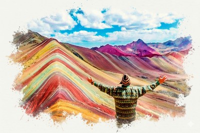 Csodálkozz! Adventi naptár illusztráció: Vízfestmény a perui Vinicunca (Szivárvány-hegy) rendkívül színes hegyvonulatáról, mely előtt egy ember áll kitárt karokkal, hátat fordítva, jelképezve a gyermeki csodálkozást, a nyitottságot és a lelkesedést az élet csodái iránt.