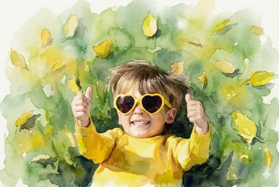 Legyél boldog! Adventi naptár illusztráció: Vízfestmény egy szélesen mosolygó, szív alakú napszemüveget viselő, sárga ruhás kisfiúról, aki mindkét hüvelykujját feltartja, jelképezve az örömet, a pozitív megerősítést és a boldogságot.
