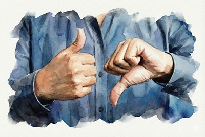 Ne ítélj! Adventi naptár illusztráció: Vízfestmény két kézmozdulatról, ahol az egyik hüvelykujjal felfelé (jóváhagyás, pozitívum), a másik pedig hüvelykujjal lefelé (ítélkezés, elutasítás) mutat, jelképezve az ítélkezés elkerülését és a pozitívumok keresését minden emberben.