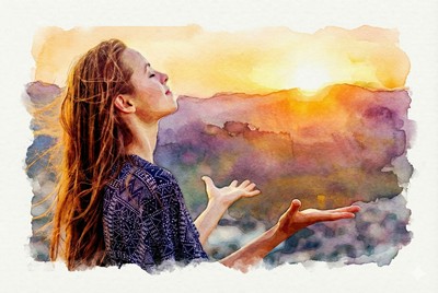 Adj hálát mindenért! Adventi naptár illusztráció: Vízfestmény egy nőről, aki csukott szemmel, felemelt karokkal áll egy látványos, narancssárga naplemente előtt, jelképezve a szívből jövő hálát, a szeretetet és a bensőséges istenkapcsolatot.