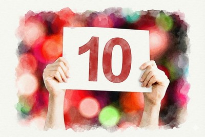 Értékeld Isten ajándékait! Adventi naptár illusztráció: Vízfestmény egy kártyát magasba tartó kezekről, amelyen nagy, piros '10' (tíz) szám látható, egy elmosódott karácsonyi fényekkel teli háttér előtt, jelképezve az Istentől kapott ajándékok (tehetség, gazdagság, hatalom) maximális értékelését és használatát.